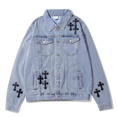 China Breathable Cross Embroidered Wash Street Blue Trend Loose Lapel Jacket Fashion Jeans Jacket Men for sale