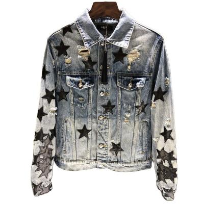 China Breathable Custom Design Jean Jacket Men Pattern Pentagon Hole Printing Printed Broken Jacket For Men for sale