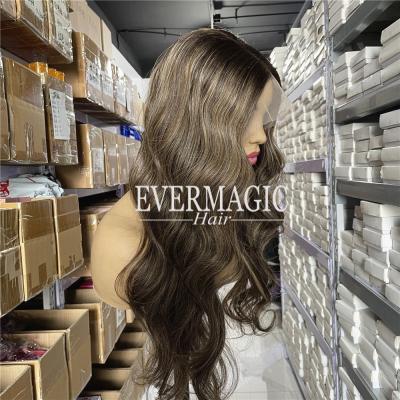 China European Silky Straight Hair Highlight Human Hair Highlight Wig Balayage Brown Color With Brown Roots Transparent Lace Front Wigs for sale