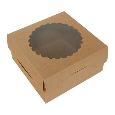 China Recyclable Hot Sale Brown Kraft Paper Cake Packaging Boxes Macaroon Donuts Bakery Environmental Friendly Paper Box With Clear PVC Window for sale