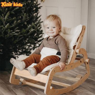 China Safety Comfortable Wooden Baby Chair Xiair Baby Rocking Chair Lounge Baby Bouncer Chair with Cushion Seat Belt Waist Adjustable Toddler Rocker Swing Chair for sale