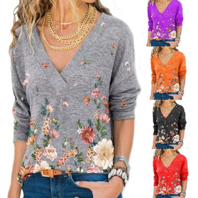 China Women Breathable Apparel Long Sleeve T Shirts Fashions Flower Print V-Neck Casual Lady Top for sale