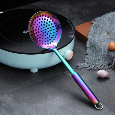 China Sustainable Kitchen Utensils Rainbow Titanium Plated Solid Stainless Steel Spoon Cooking Strainer Skimmer for sale