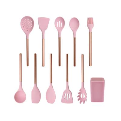 China Durable Strong Stainless Steel Copper Clad Handle Silicone 11 Pcs Kitchen Utensils Set With Plastic Holder for sale