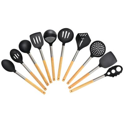 China Food Grade Sustainable Hot Selling Nylon Cooking Tools 10 Pieces Wood Handle Kitchen Cookware Set for sale