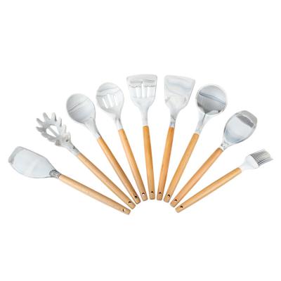 China Sustainable Utility 7 Pcs Kitchen Design Silicone Marble Cookware Set With Wooden Rack for sale