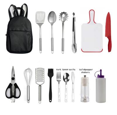 China Travel Sustainable Outdoor Camping Cooking Equipment Kitchen Utensils Set With Backpack for sale