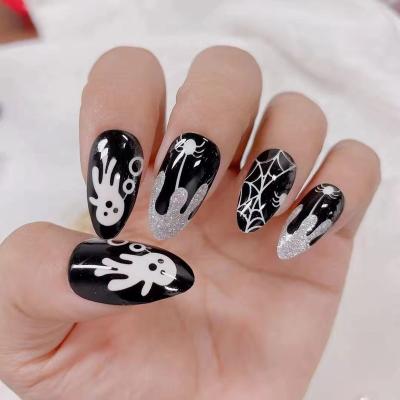 China Easy Apply 24pcs Halloween Almond Press On Nails Dark Pink Black Fa KE Halloween Face Ghost Designed Luxury Press On Nails for sale