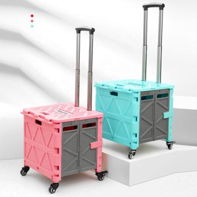 China Anjuny Hand Supermarket Mini Folding Shopping Trolley Cart Durable Plastic Rolling Foldable Trolley for sale