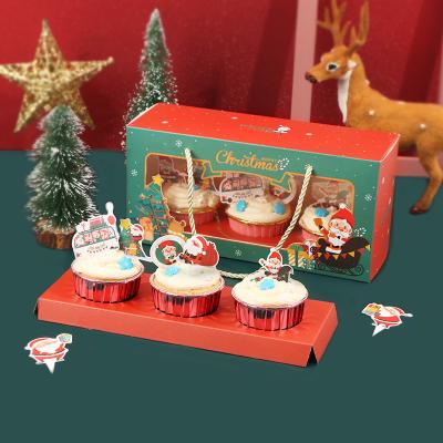 China 3 Holes Paper Roll Cup Disposable Cake Boxes With Window Handle Christmas Cupcake Box for sale