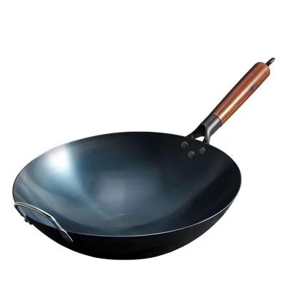 China Sustainable Selected high-quality wrought iron Chinese traditional cooking restaurant frying pan household uncoated wooden handle iron pan for sale