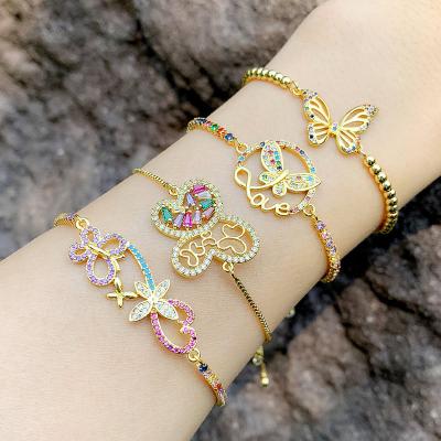 China FASHIONABLE Wholesale ROMANTIC Colored Cubic Zircon Butterfly 18k Gold Plated Adjustable Charm Bracelet for sale