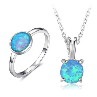 China Romantic ROMANTIC Fashion Silver Blue Opal Round Pendant Ring and Necklace Jewelry Set for sale