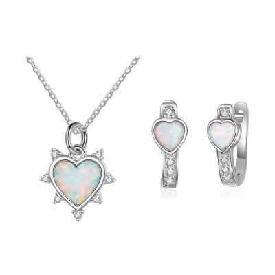 China New Romantic ROMANTIC 925 Sterling Silver Opal Pendant Heart Necklace and Earring Jewelry Set for sale