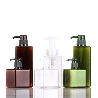 China Non Spill Clear 150ml 250ml 300ml 450ml 600ml PETG Plastic Square Shampoo Bottle Shower Gel Bottle for sale