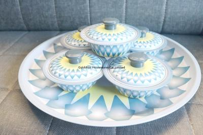 China 45cm Set of five spun stainless steel bowl and tray blue color kitchen serving bowl set with round tray for sale