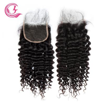 China Best Wholesale Deep Wave Hair Extensions Indian Sellers Cuticle Aligned Full Hd Curly Thin Deep Wave 4X4 Lace Closure for sale