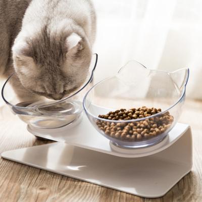 China Adjustable Non-slip Viable Pet Elevated Bowl 15 Degree Tilt Design Neck Guard Cat Double Bowl Transparent for sale