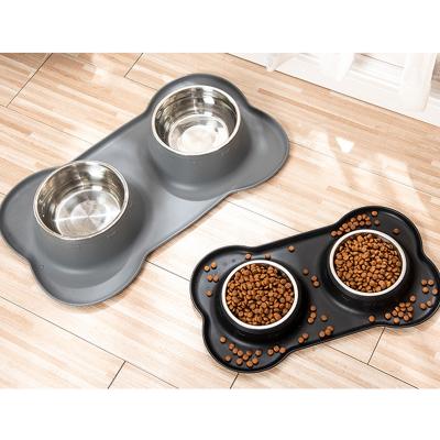 China Sustainable Dog Bowls Double Stainless Steel No-Spill Silicone Pet Food Bowl With Mat for sale