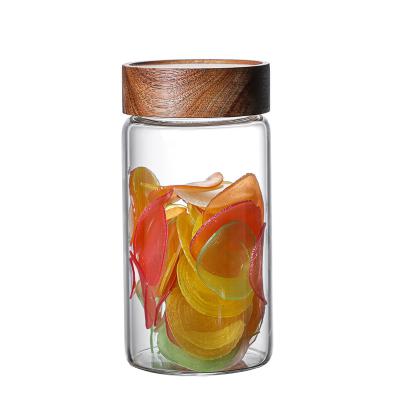 China Art Decor Diameter 8cm Spiral Mouth Acacia Lid Borosilicate Glass Storage Jar Wooden Storage Tub Camellia Leaf Jar Sealed for sale