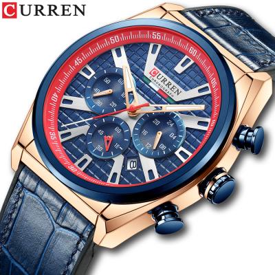 China CURREN 8392 Automatic Date Man Wrist Watch Chronograph Calendar Sport Men Watch Army Military Top Brand Luxury Blue Genuine Leather Male Clock for sale