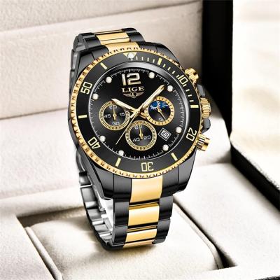 China Brand Automatic Top Luxury Clock Date LIGE 8924 Stainless Steel Casual 24 Hours Moon Phase Men Watch Waterproof Sport Quartz Chronograph for sale