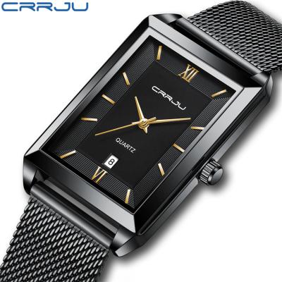 China 2021 Men's Day/Date Men's Stainless Steel Mesh Band Gold Square Business Date Quartz Waterproof Fashion Watch CRRJU 2197 for sale