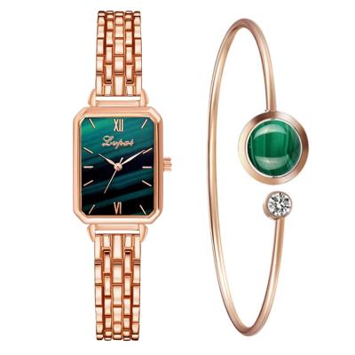 China Non-Specific Watch For Women Ladies Wrist Watch Luxury Square Strap Set Green Dial Rose Gold Chain Female Clock Reloj Mujer for sale