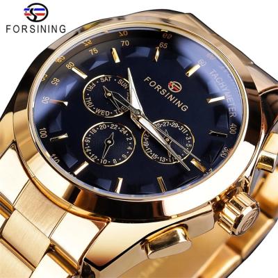 China Forsining S899 Waterproof Black Business Mechanical Men Watch Automatic Sub Dial 3 Date Steel Band Dress Wristwatch Gold Clock for sale