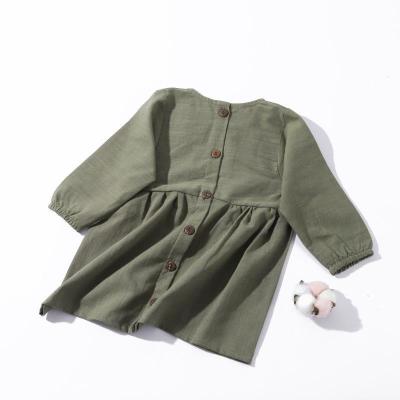 China Anti-wrinkle Baby Button Design Solid Color High Quality Children Long Sleeve Babies Linen Dress for sale