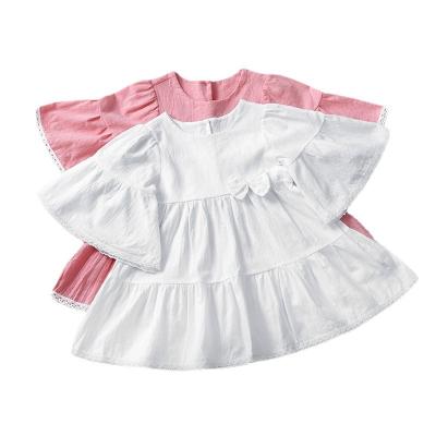 China 0-7years Little Girl Solid Dress Anti-wrinkle Child Boutique Clothing Baby Dress Cotton Linen Sleeve Big Old for sale