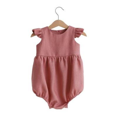 China Substantial Eco-friendly Washable Breathable Custom Summer Infant Toddler Girl Solid Color Flutter Sleeve Back Button Ruffle Cotton Linen Baby Romper for sale