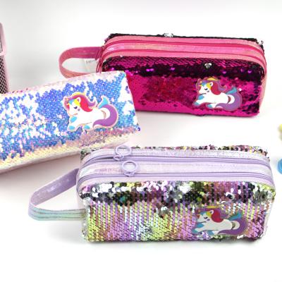 China Durable Cartoon Unicorn Fashion 2 Zippers Sequin Pen Bag With Handle For Teens for sale