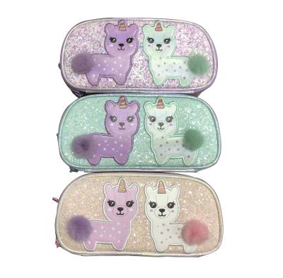 China New design fashion durable hot sale high quality pencil case 2021 high quality student glitter pen pouch with furry balls for sale