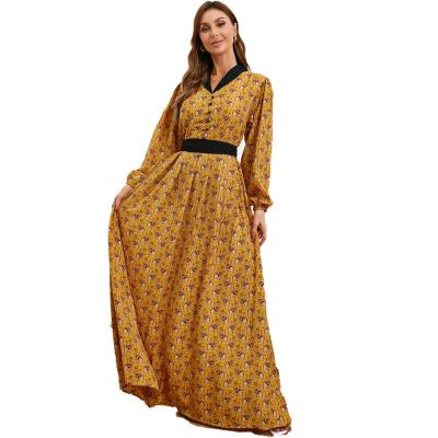 China New Arrival Turkey Women's Abaya Dress Leisure Sheath Long Muslim V-Neck Floral Print Ladies Kaftan Slim Dress With Belt for sale