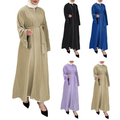 China Leisure Turkey Wholesale Muslim Women Fashion Solid Color Sleeve Flare Cardigan Beaded Abaya Dress for sale