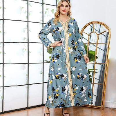 China Middle Eastern Muslim Women's V-Neckline Leisure Plus Size Strap Stitching Abaya Loose Floral Print Causal Dress for sale