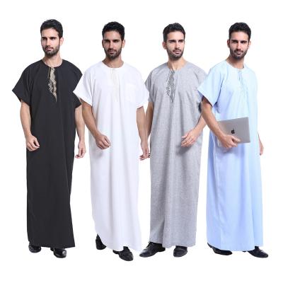 China High Quality Elegant Stylish Middle Eastern Muslim Man Soft Short Sleeve Embroidered Islamic Abaya Dress Long Robe Mens Thobe Polyester for sale