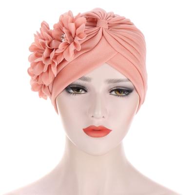 China Wholesale Fashion Muslim Women Applique Three Flower Hijab Turban Fashion Islamic Ladies Bend Watermelon Bottom Hat for sale