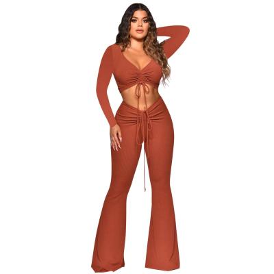 China Breathable Stylish Solid Knitted Crop Cut Drawstring Tank Top And Bell Bottoms Pant Set for sale