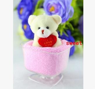 China New creative promotion gift product wedding gift bear cup shape towel for sale