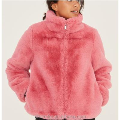 China Anti-wrinkle Women Jacket Long Sleeve Coat with Soft Touch Faux Fur with Funnel Neck and Zipper Tie for sale