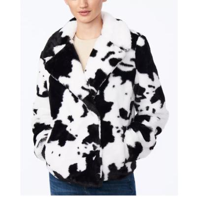 China Anti-wrinkle Women Jacket Fashion Cow Print Faux Fur Coat With Wing Collar And Two Front Pockets for sale