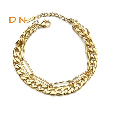 China Dina Jewelry Men Hot Selling Simple Styles FASHIONABLE Gold Plated Thick Cuban Chain Bracelets Double Layer Stainless Steel Bangles for sale