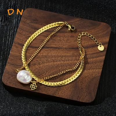 China Dina Wholesale Fashion Women TRENDY 18K Gold Plated Double Layer Cuban Chain Freshwater Pearl Charm Bracelet Stainless Steel Jewelry for sale