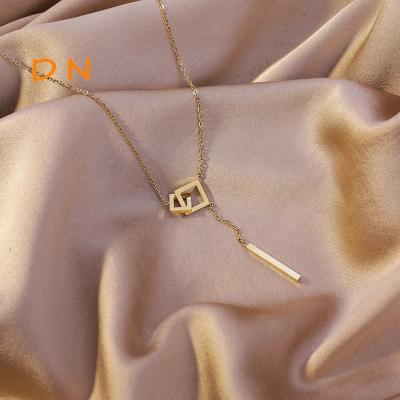 China Dina FASHIONABLE Korean Minimalist Personalized Women Jewelry Small Double Square Stainless Steel Pendant Necklace for Mother Gifts for sale