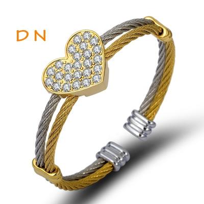 China Dina Wholesale Factory Designed Big Heart Pendant Double Layer Stainless Steel Punk Gold Plated Wire Bangles Bracelet With Crystal for sale