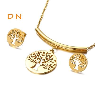 China Dina Newest Wholesale Vintage Women Religious Family Tree of Life Necklace and Earrings Jewelry Set Jewelry Dubai Gold Plated Stainless Steel for sale