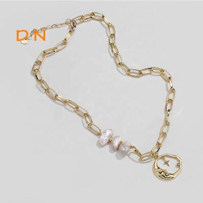 China Hiphop Dina Hip Hop Woman Irregular Baroque Freshwater Pearl Necklace Cuban Link Chain Necklace with Moon and Stars Pendant for sale