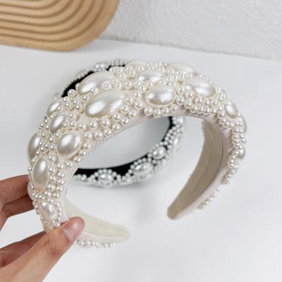 China European and American style woman luxury pearls bead hair band retro rhinestone padded sponge wide headband crown for sale